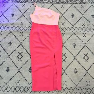 Pink Lily One shoulder pink color block semi formal dress. Size Small
